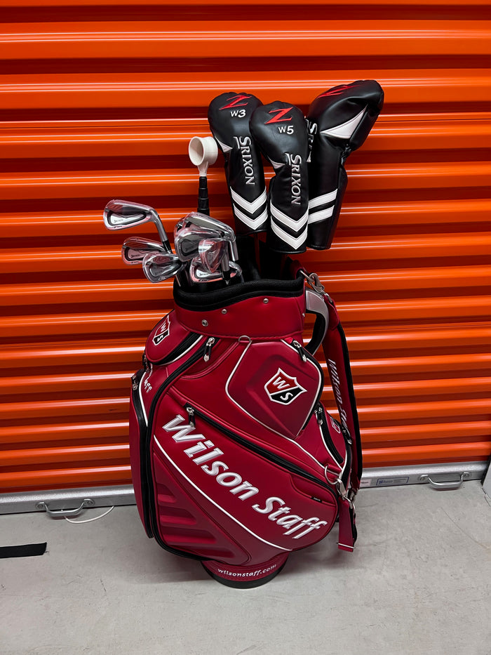 Srixon Z585 Irons, 3-PW + Driver, 3 Wood, 5 Wood with Red Leather Wilson Staff Bag