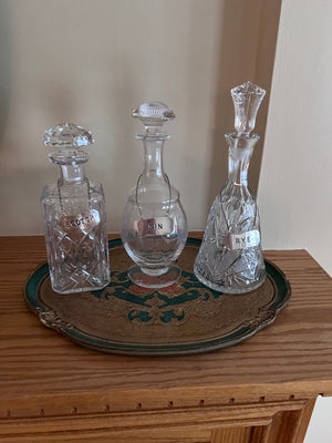 3 Crystal Decanters on Florentine Tray