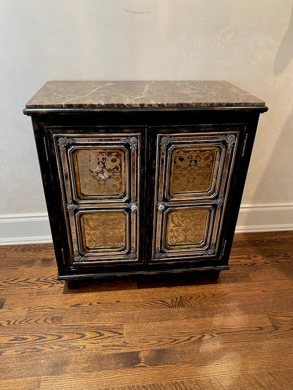 Black Marble Top Cabinet, Ornate Mirror Panelled Front