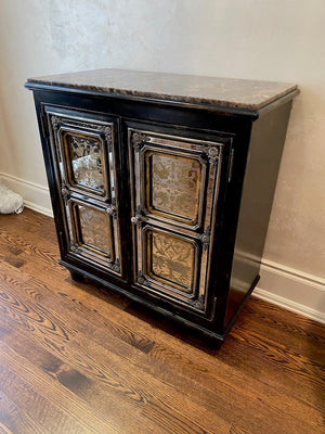 Black Marble Top Cabinet, Ornate Mirror Panelled Front