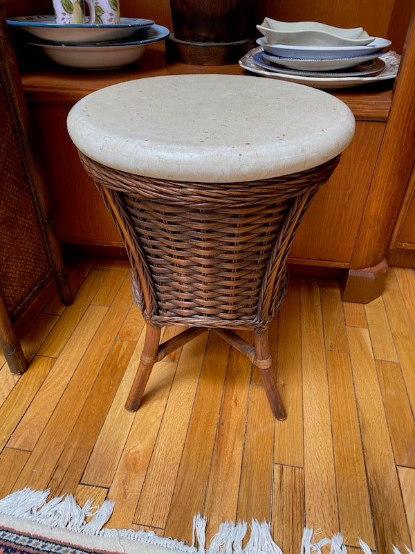 Round Faux Stone Top, Wicker Side Table