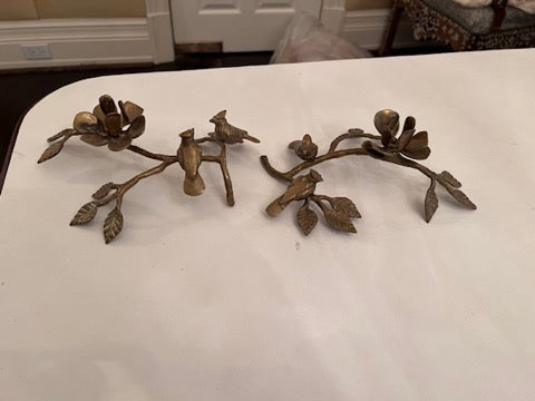 Pair of 'Birds on Branches' Gold Metal Candle Holders