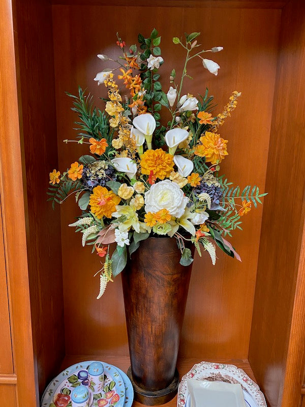 Faux Floral Arrangement, Metal Vase