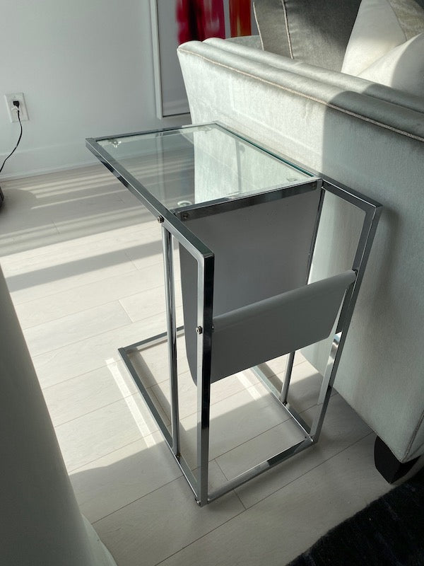 White/Chrome Metal Accent Table with Magazine Holder