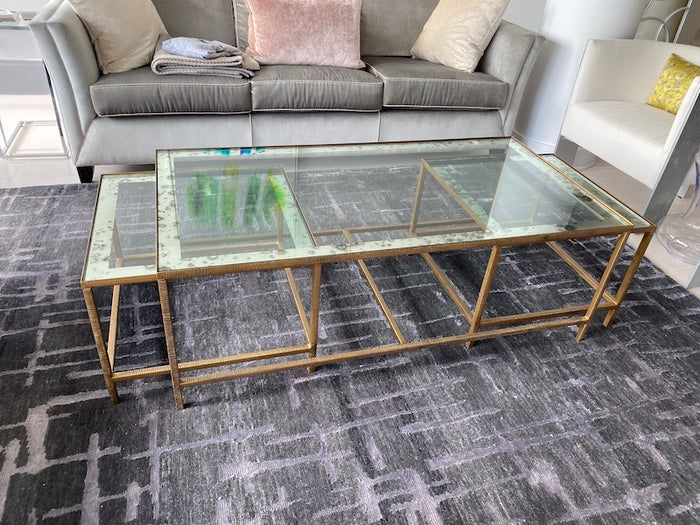 Glass Coffee Table, Gold Metal Frame + 2 Matching Nesting Side Tables, From Italy