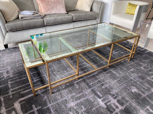 Glass Coffee Table, Gold Metal Frame + 2 Matching Nesting Side Tables, From Italy