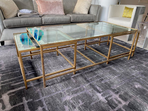 Glass Coffee Table, Gold Metal Frame + 2 Matching Nesting Side Tables, From Italy