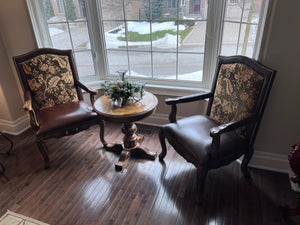 Pair of Brown Leather Armchairs, Upholstered Back, Wood Carved Frame