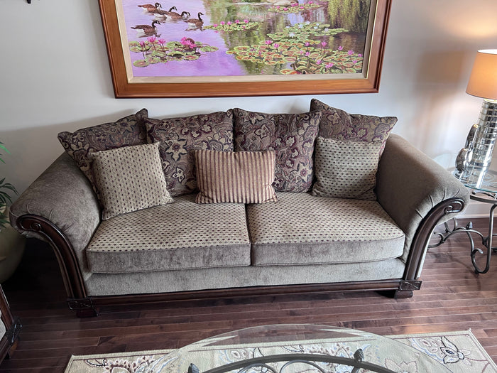 Brown Upholstered Sofa, Wood Frame