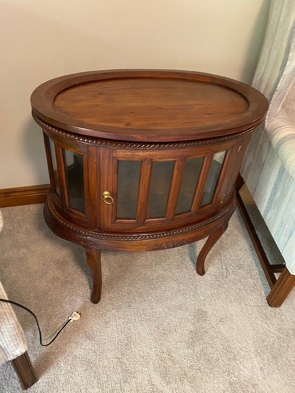 Wood Oval Tea Table with Tray Top, Glass Door