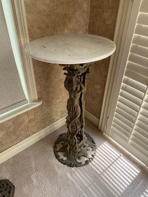 Vintage Pedestal Table, Cast Iron Base, Marble Top