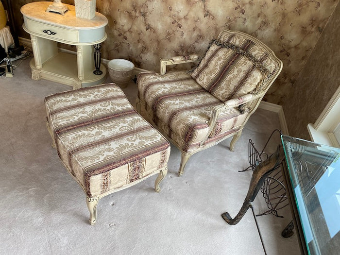 Striped Upholstered Armchair + Matching Ottoman