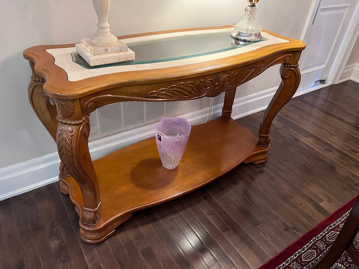 Wood Console Table with Glass and Granite Insert