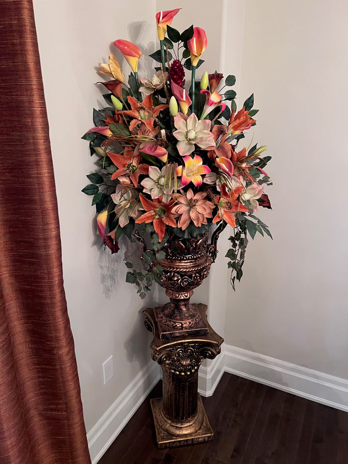 Gold Roman Style Pedestal Stand + Vase w/Faux Flowers