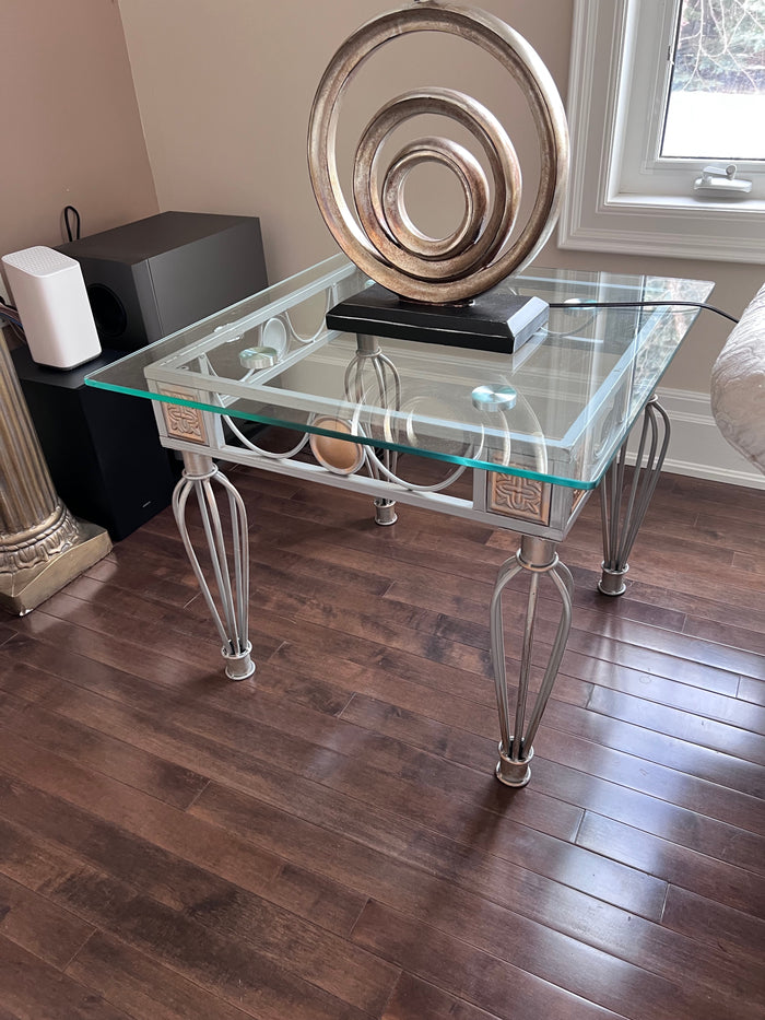 Pair of Glass Top Side Tables, Silver and Gold Metal Base