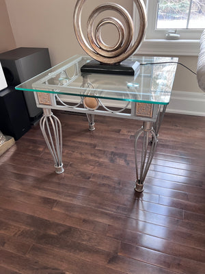 Pair of Glass Top Side Tables, Silver and Gold Metal Base