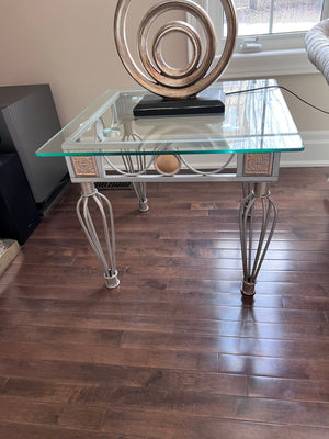 Pair of Glass Top Side Tables, Silver and Gold Metal Base