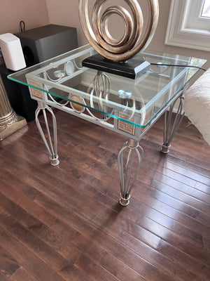 Pair of Glass Top Side Tables, Silver and Gold Metal Base