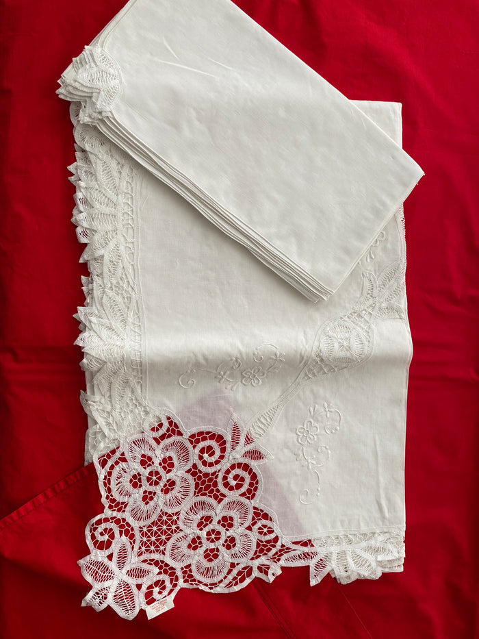 BRAND NEW- 100% linen, hand embroidered tablecloth with 12 linen napkins