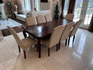 Starwood Furniture Wood Dining Table + 8 Beige Linen Chairs
