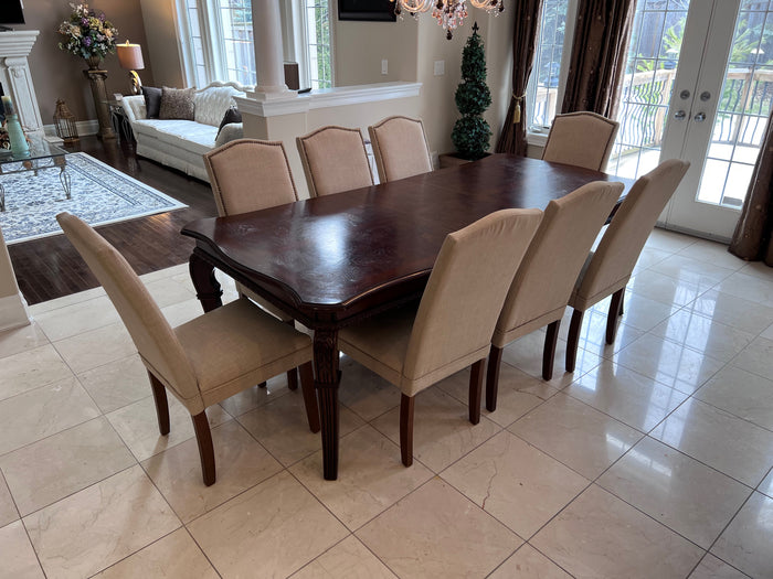 Starwood Furniture Wood Dining Table + 8 Beige Linen Chairs
