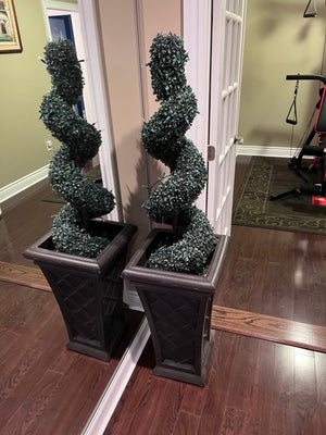 Pair of Twisted Faux Trees in Plastic Planters