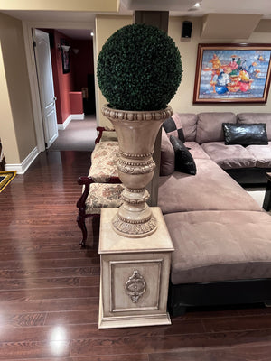 Wood Pedestal Table + Planter + Faux Balloon Plant