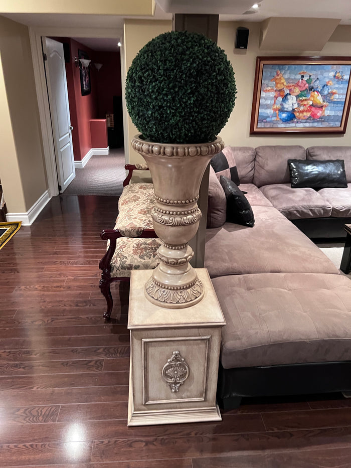 Wood Pedestal Table + Planter + Faux Balloon Plant