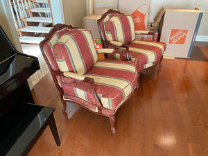 2 Red & Beige Striped Bergere Chairs
