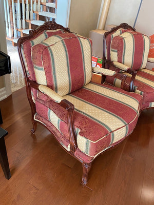 2 Red & Beige Striped Bergere Chairs