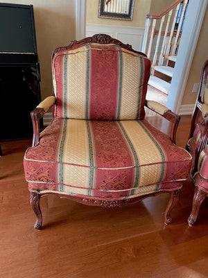 2 Red & Beige Striped Bergere Chairs