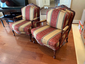 2 Red & Beige Striped Bergere Chairs