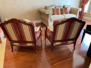 2 Red & Beige Striped Bergere Chairs