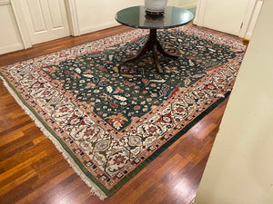 “Mahindra” Hand knotted using 100% vegetable dyed, hand spun, wooden yarn- “Black Mountain Looms” Indian Rug- Green