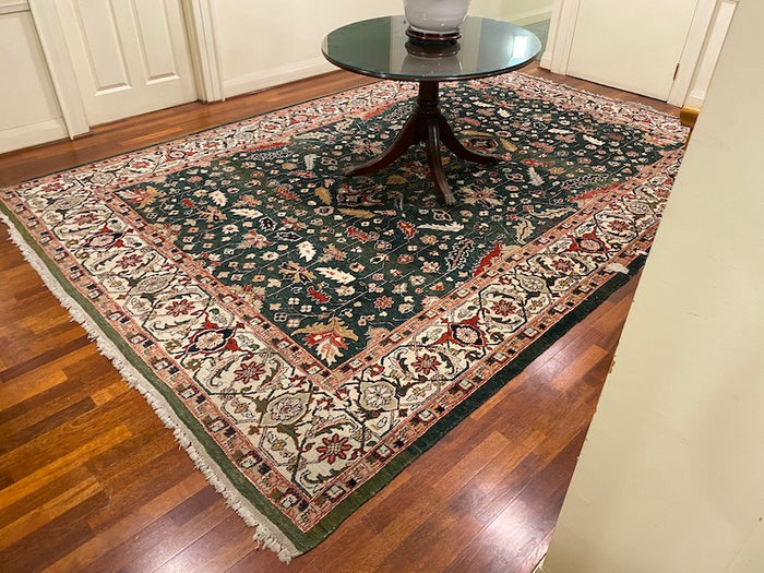 “Mahindra” Hand knotted using 100% vegetable dyed, hand spun, wooden yarn- “Black Mountain Looms” Indian Rug- Green