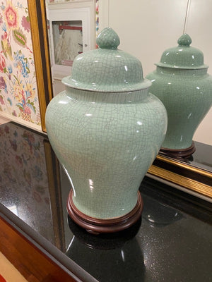 2 Green Oriental Style Vases/Urns