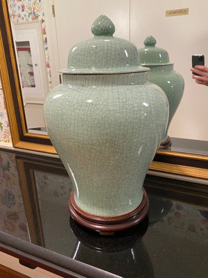 2 Green Oriental Style Vases/Urns