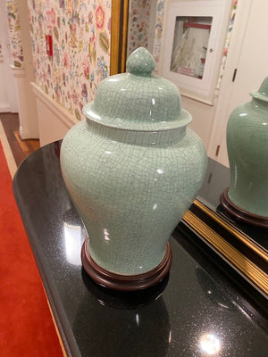 2 Green Oriental Style Vases/Urns