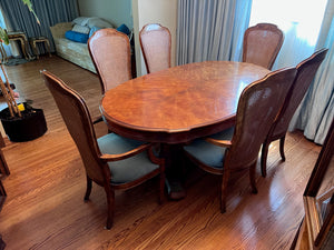 'Bernhardt Hibriten' Vintage Burled Wood Dining Table + 6 Cane Back Chairs