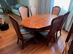'Bernhardt Hibriten' Vintage Burled Wood Dining Table + 6 Cane Back Chairs