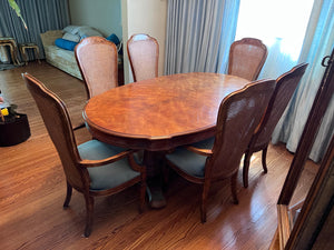 'Bernhardt Hibriten' Vintage Burled Wood Dining Table + 6 Cane Back Chairs