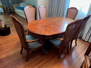 'Bernhardt Hibriten' Vintage Burled Wood Dining Table + 6 Cane Back Chairs