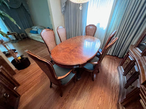 'Bernhardt Hibriten' Vintage Burled Wood Dining Table + 6 Cane Back Chairs