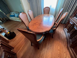 'Bernhardt Hibriten' Vintage Burled Wood Dining Table + 6 Cane Back Chairs
