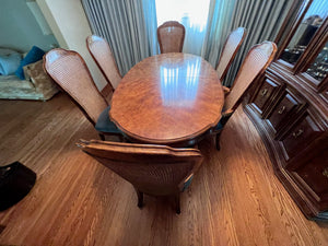 'Bernhardt Hibriten' Vintage Burled Wood Dining Table + 6 Cane Back Chairs
