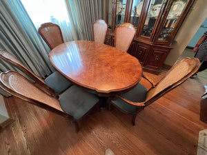 'Bernhardt Hibriten' Vintage Burled Wood Dining Table + 6 Cane Back Chairs