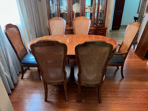 'Bernhardt Hibriten' Vintage Burled Wood Dining Table + 6 Cane Back Chairs