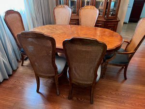 'Bernhardt Hibriten' Vintage Burled Wood Dining Table + 6 Cane Back Chairs