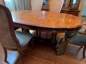 'Bernhardt Hibriten' Vintage Burled Wood Dining Table + 6 Cane Back Chairs