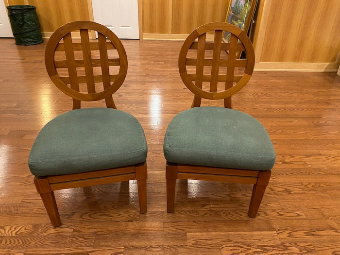 2 “McGuire” Portico Teak Chairs, Green Cushions